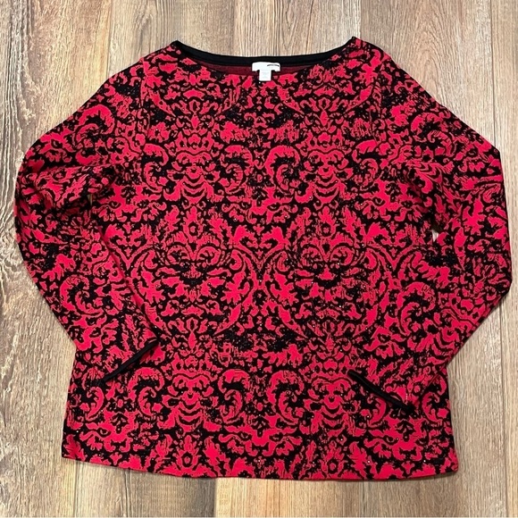 J‎ Jill Damask Red Black Long Sleeve Sweater Petites S Rhinestones Christmas - Picture 1 of 11